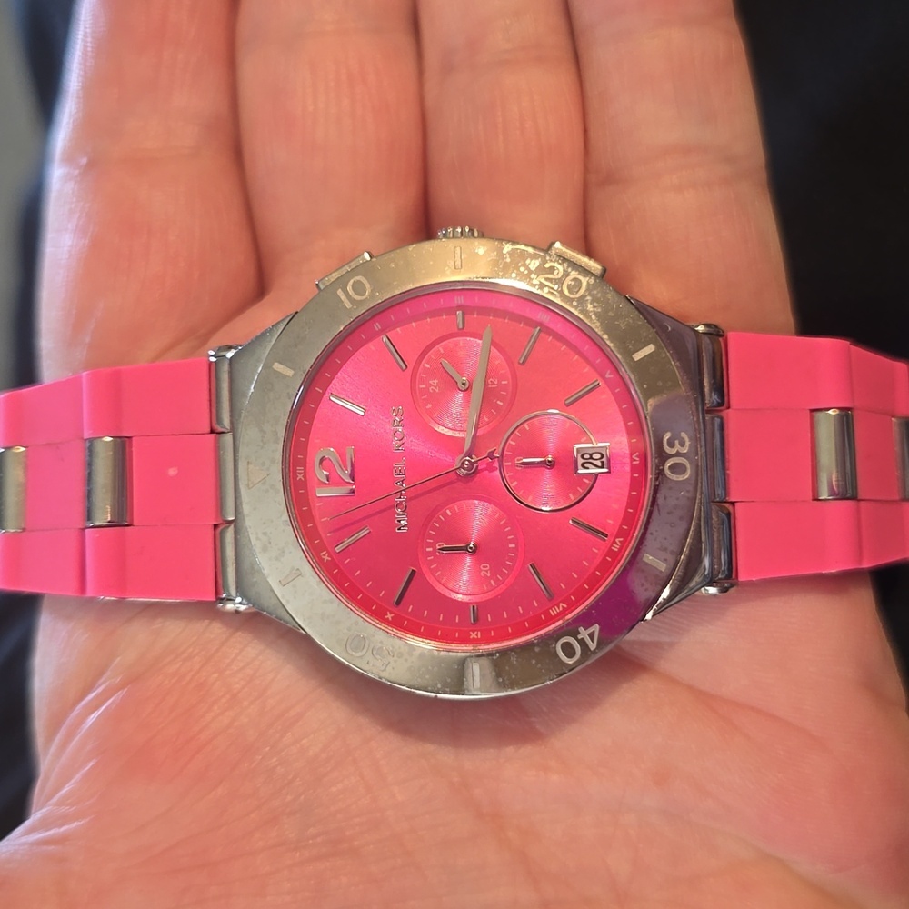 Michael Kors Vibrant Pink and Silver Chronograph Watch Silicone/ Metal Small - Picture 5 of 12